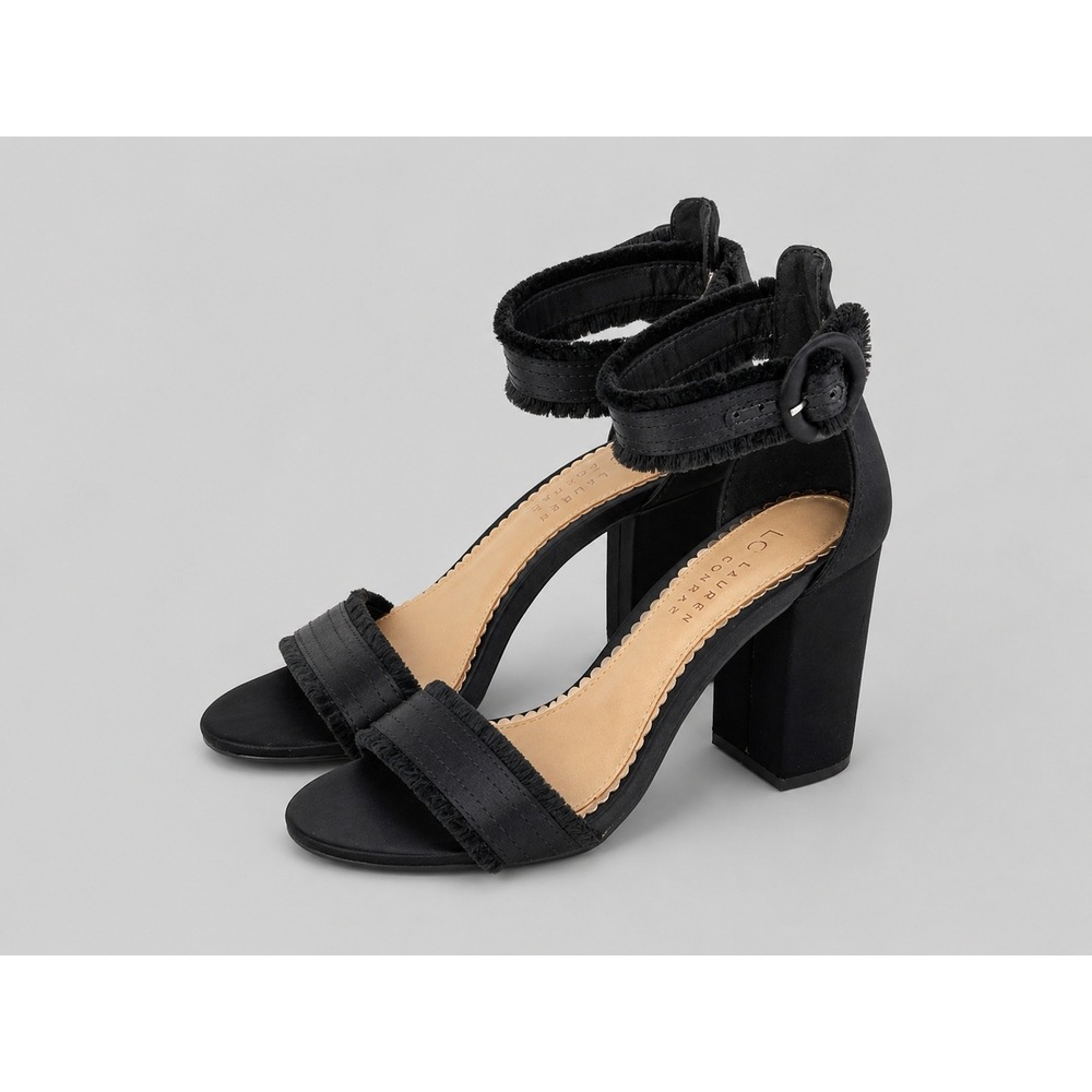 LC Lauren Conrad Heel Women 7 Black Fringe Block Sandal Ankle Strap Dressy Chic